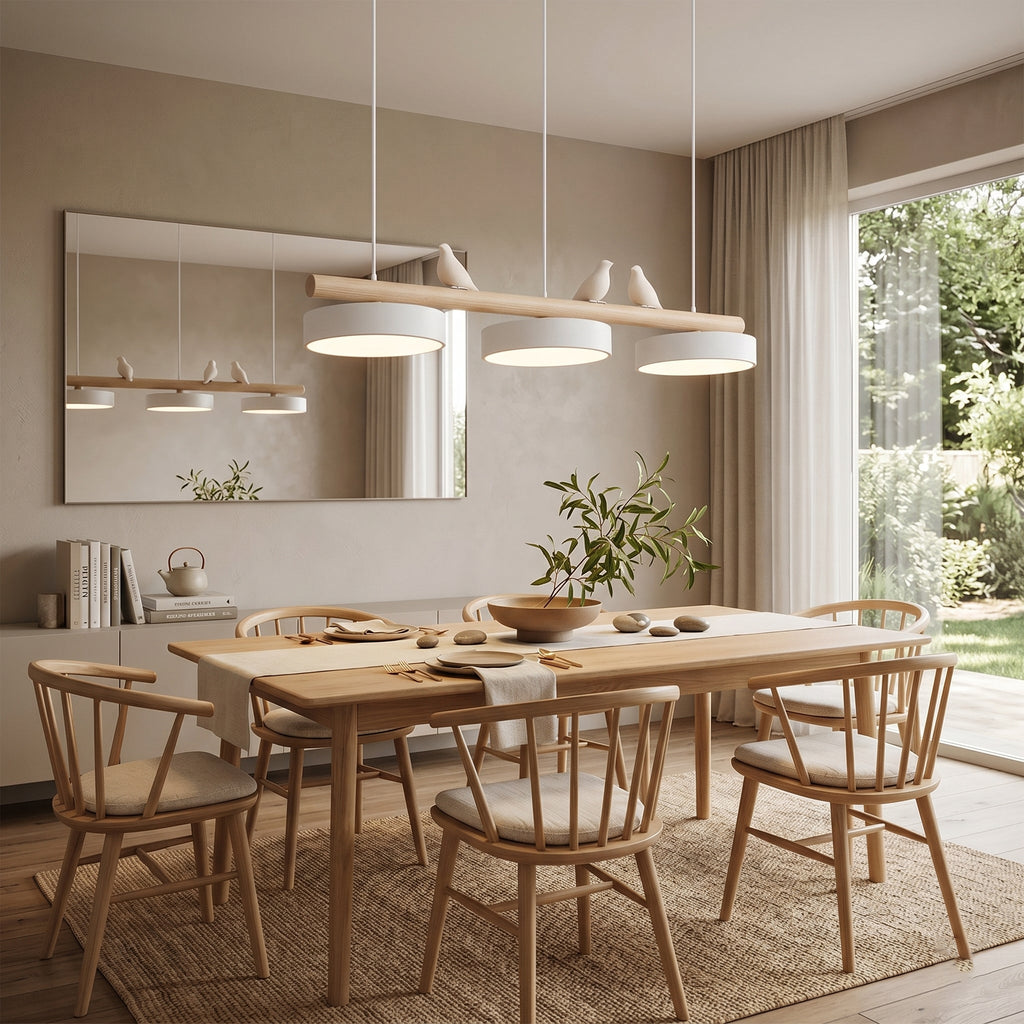 Sienna Bird | Linear Pendant Light with Birds, Wood LED Kitchen Island Chandelier, Dimmable Options