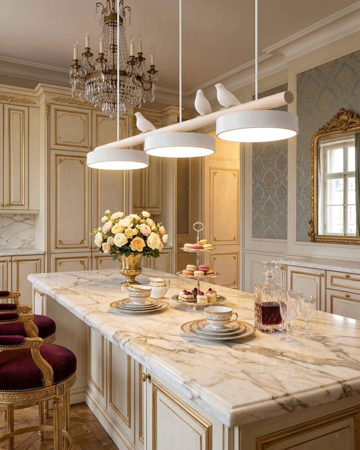 Sienna Bird | Linear Pendant Light with Birds, Wood LED Kitchen Island Chandelier, Dimmable Options