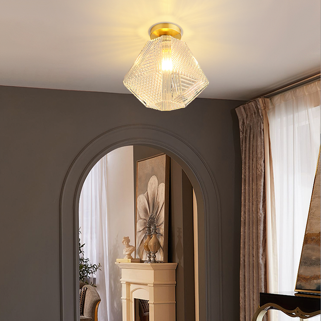 Diamond Cut | Art Deco Brass Ceiling Light, Faceted Glass Semi Flush Mount for Hallway and Bedroom