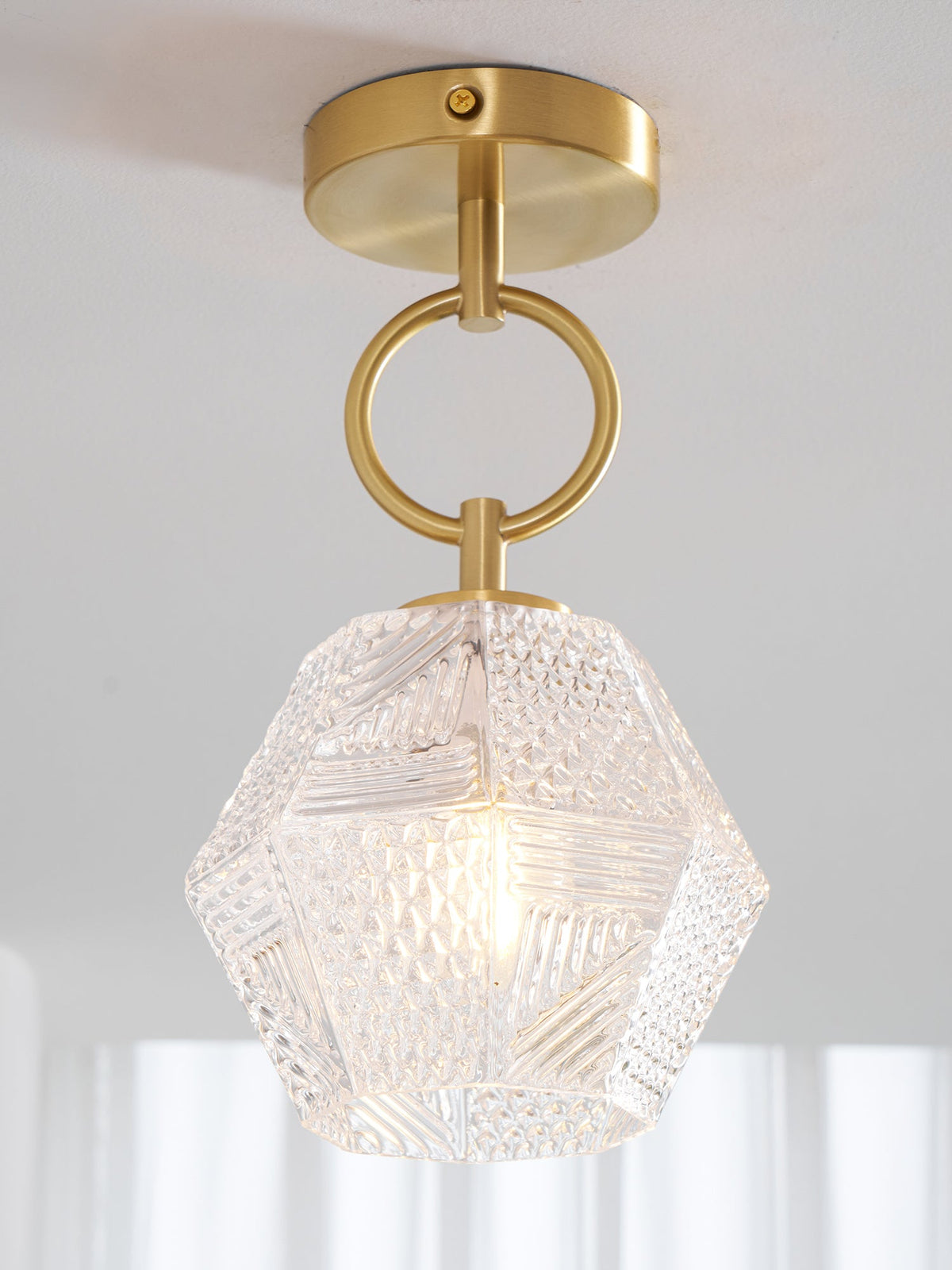 Diamond Cut | Art Deco Brass Ceiling Light, Faceted Glass Semi Flush Mount for Hallway and Bedroom