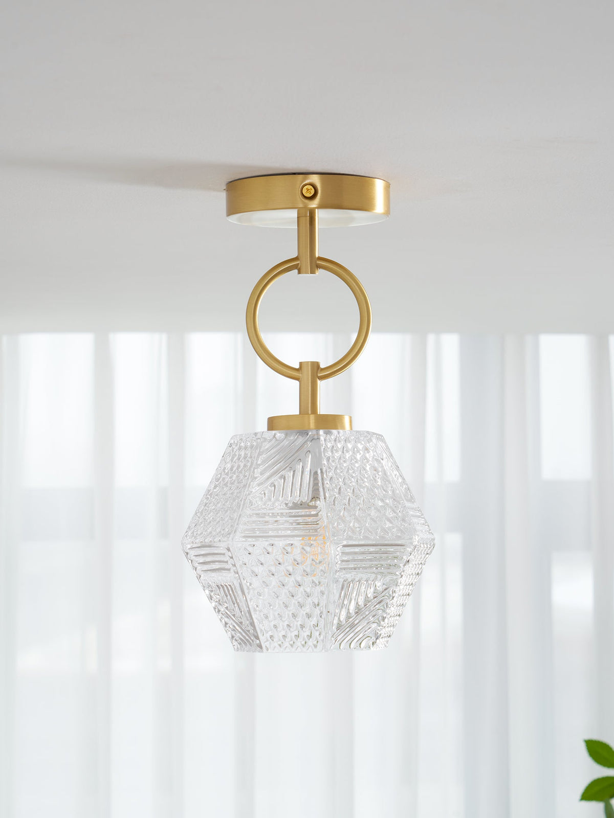 Diamond Cut | Art Deco Brass Ceiling Light, Faceted Glass Semi Flush Mount for Hallway and Bedroom
