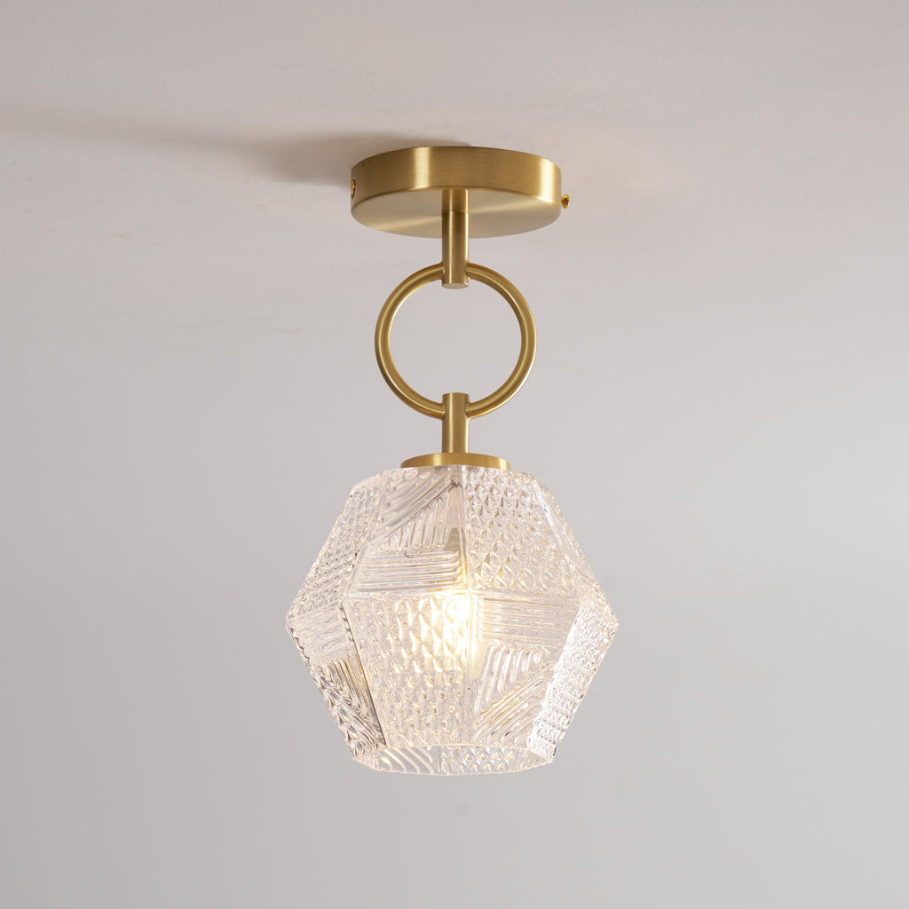 Diamond Cut | Art Deco Brass Ceiling Light, Faceted Glass Semi Flush Mount for Hallway and Bedroom