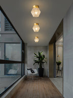 Diamond Cut | Art Deco Brass Ceiling Light, Faceted Glass Semi Flush Mount for Hallway and Bedroom