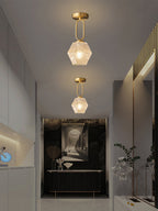Diamond Cut | Art Deco Brass Ceiling Light, Faceted Glass Semi Flush Mount for Hallway and Bedroom