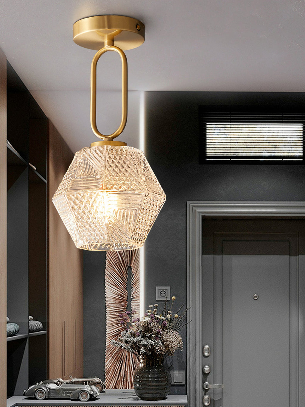 Diamond Cut | Art Deco Brass Ceiling Light, Faceted Glass Semi Flush Mount for Hallway and Bedroom