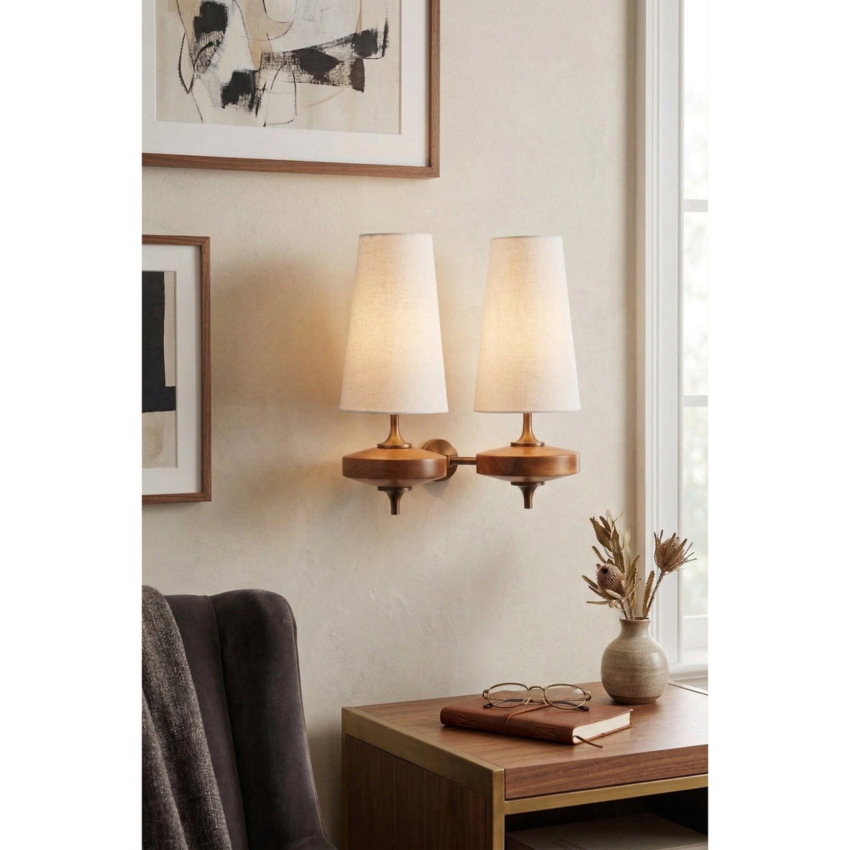 Tamsin | Walnut Wall Sconce, Fabric Shade Bedside Wall Lamp