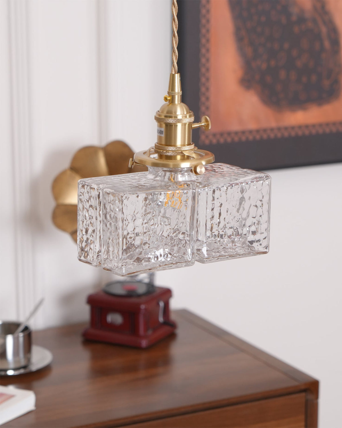 Jewel | Hammered Glass Brass Pendant Light, Mini Kitchen Island Lamp for Dining Room and Entryway