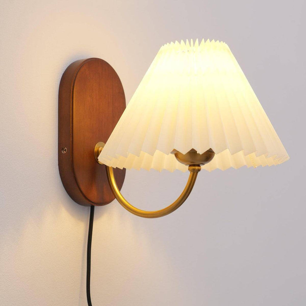 Hollis | Plug In Wall Sconce, Pleated Shade Wood Wall Lamp, Set of 2 Option