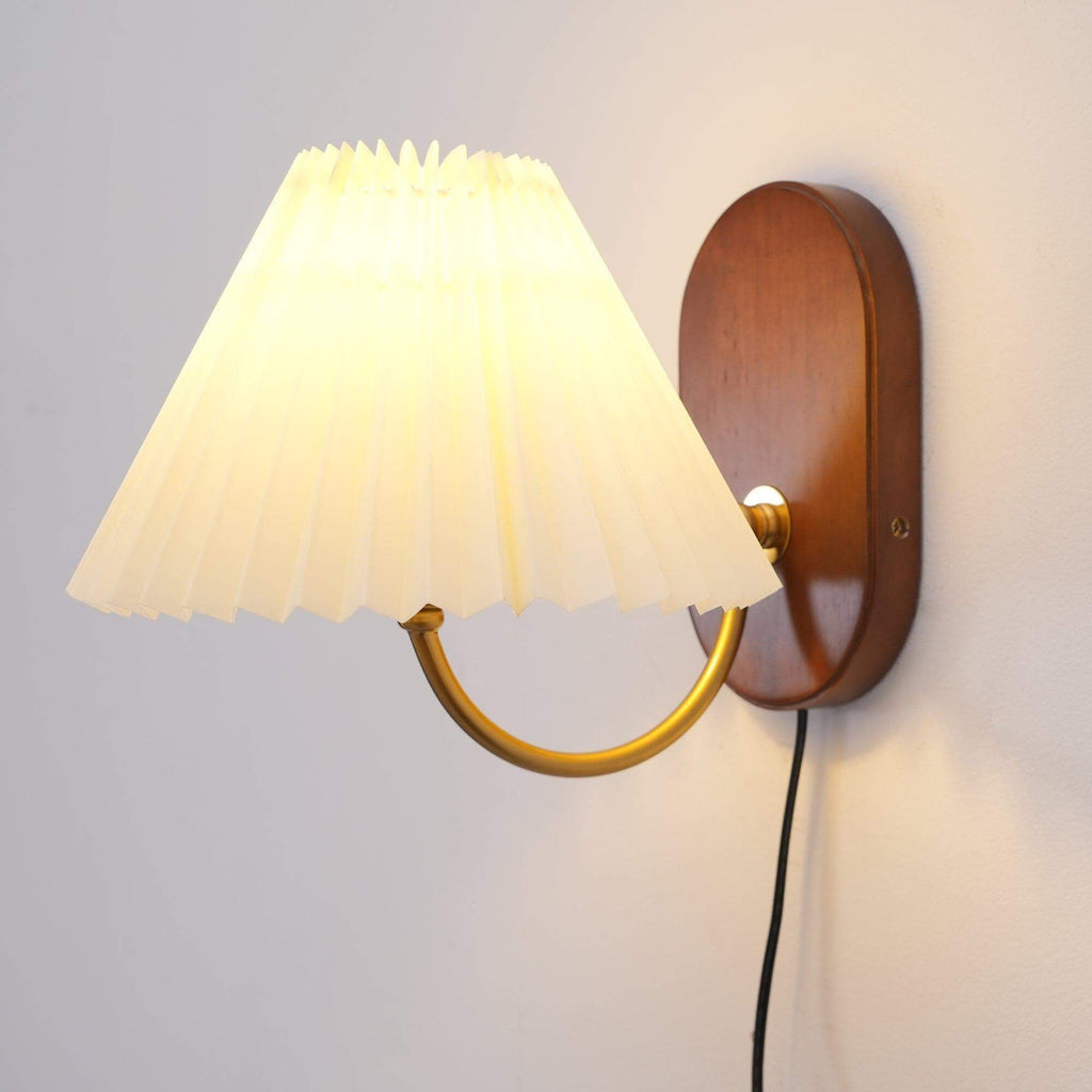 Hollis | Plug In Wall Sconce, Pleated Shade Wood Wall Lamp, Set of 2 Option