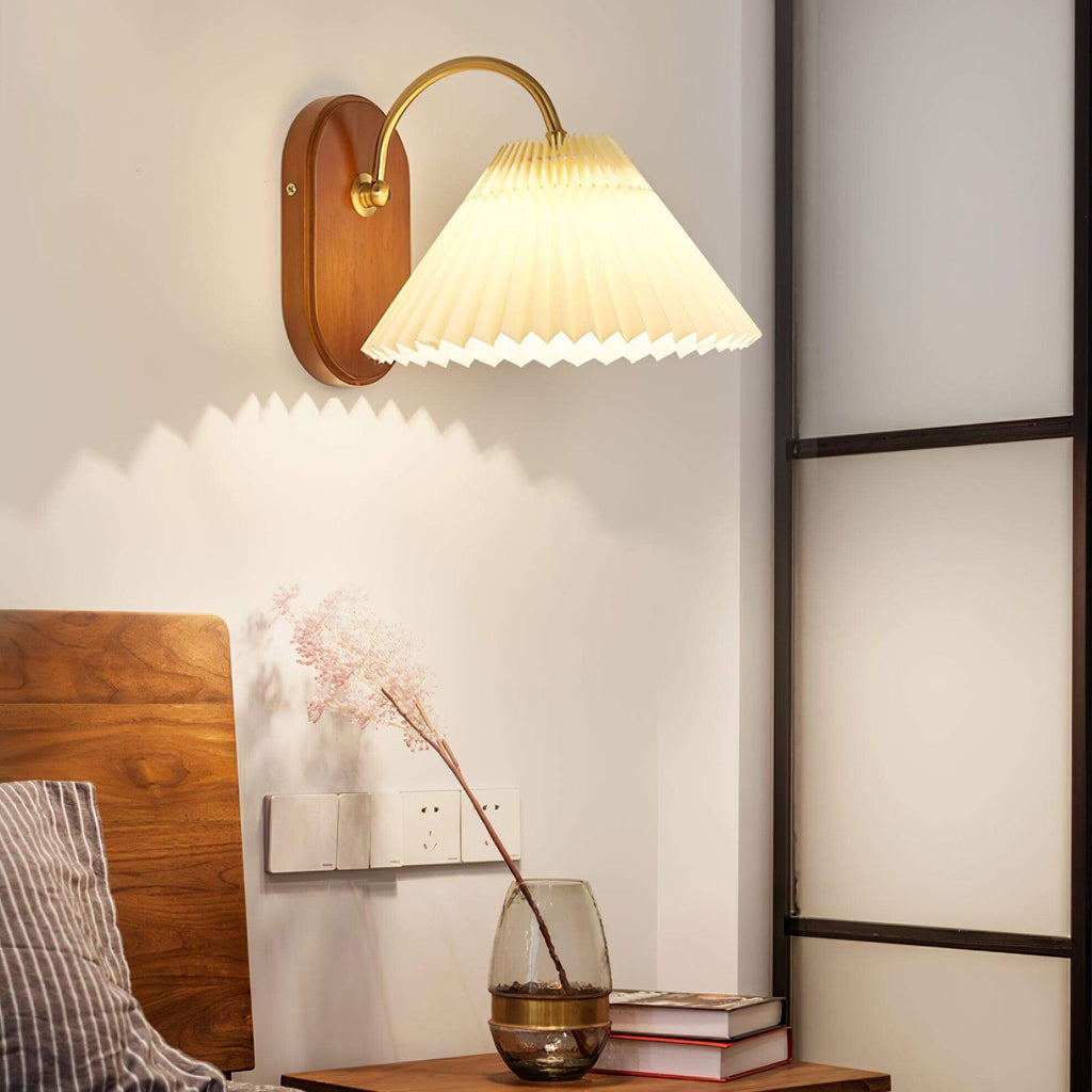 Hollis | Plug In Wall Sconce, Pleated Shade Wood Wall Lamp, Set of 2 Option