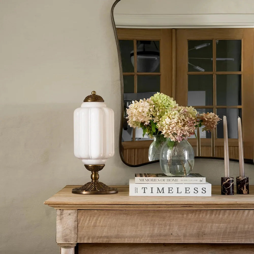 Lumi | Ribbed Glass Table Lamp, French Vintage Bedside Lamp with Brass Base, Milk Glass Desk Lamp