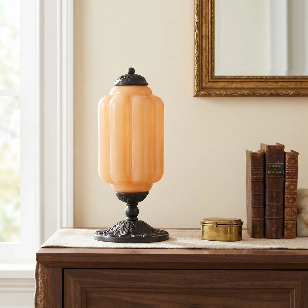 Lumi | Ribbed Glass Table Lamp, French Vintage Bedside Lamp with Brass Base, Milk Glass Desk Lamp