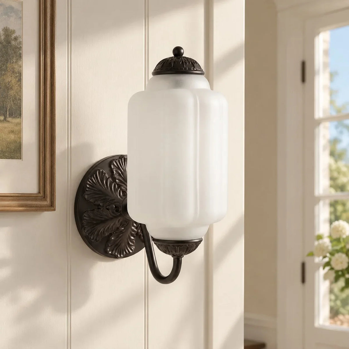 Opaline | Milk Glass Wall Sconce, Vintage Brass Bathroom Vanity Light, Ribbed Glass Bedroom Wall Light