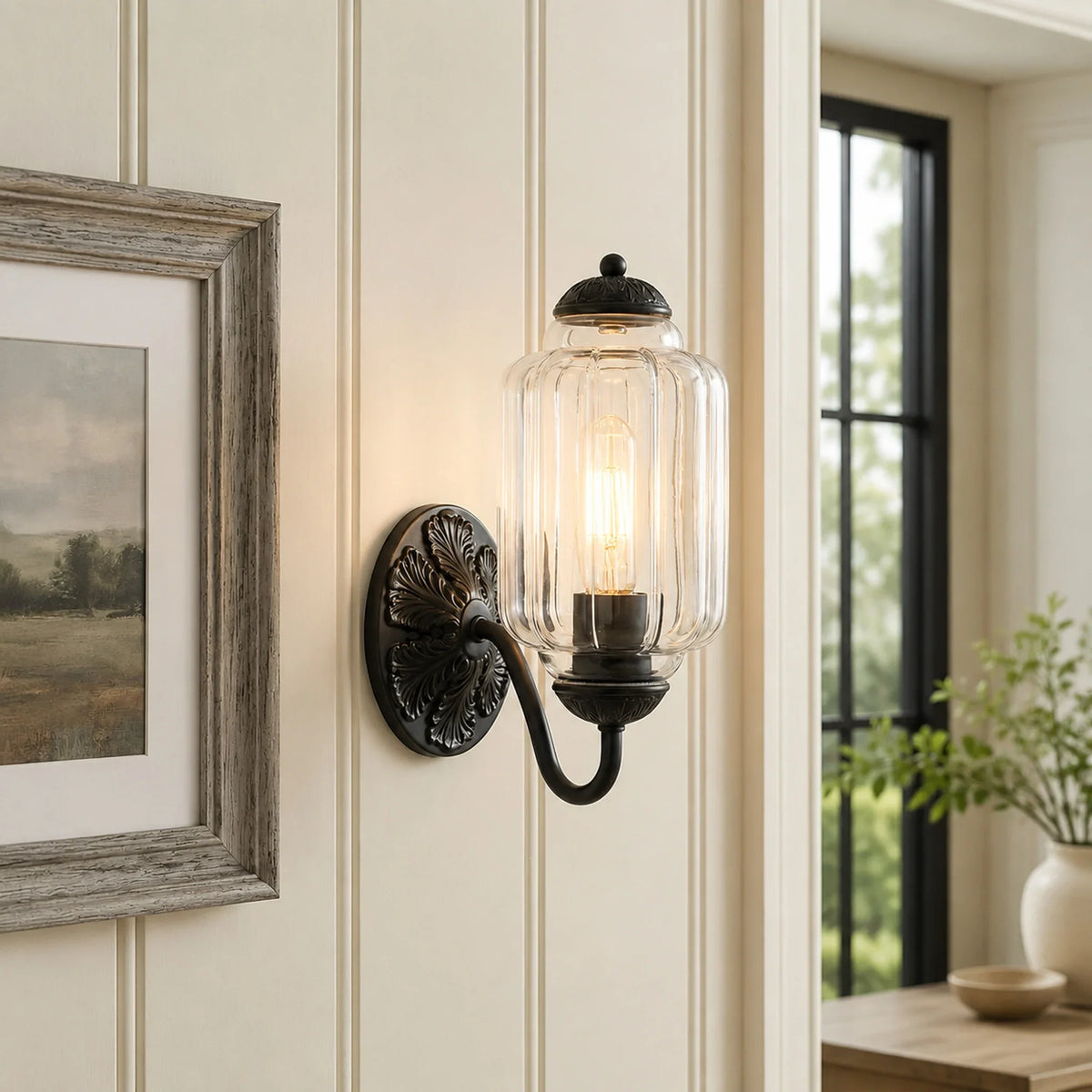 Opaline | Milk Glass Wall Sconce, Vintage Brass Bathroom Vanity Light, Ribbed Glass Bedroom Wall Light