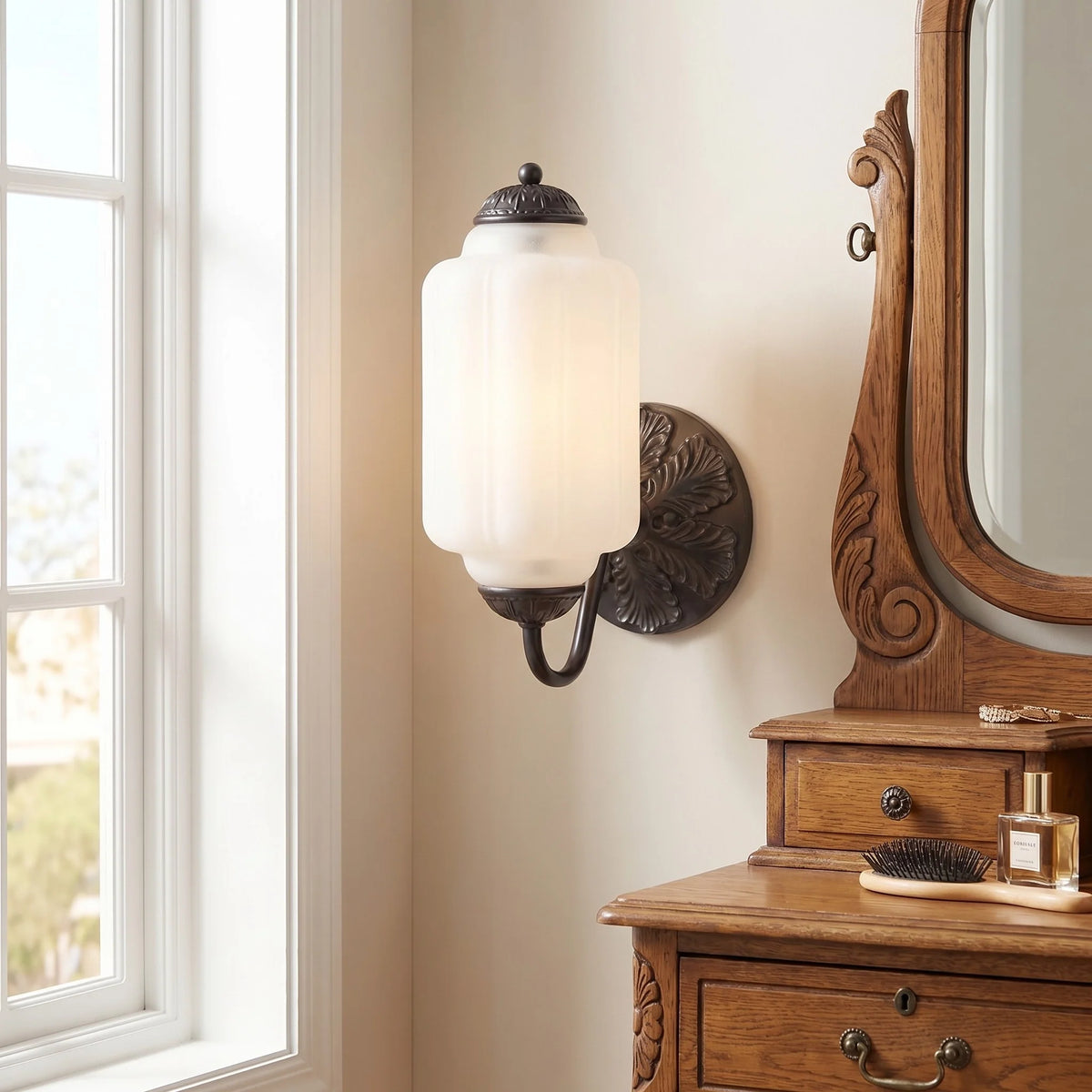 Opaline | Milk Glass Wall Sconce, Vintage Brass Bathroom Vanity Light, Ribbed Glass Bedroom Wall Light