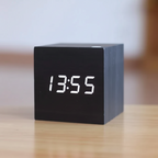 Cubo | Wooden Cube Alarm Clock, Digital LED Desk Clock, USB or Battery Powered Small Bedside Clock