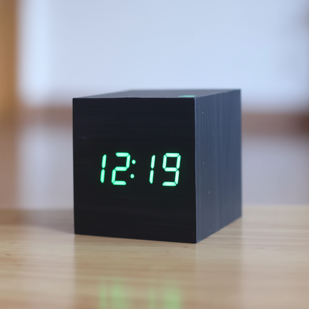 Cubo | Wooden Cube Alarm Clock, Digital LED Desk Clock, USB or Battery Powered Small Bedside Clock