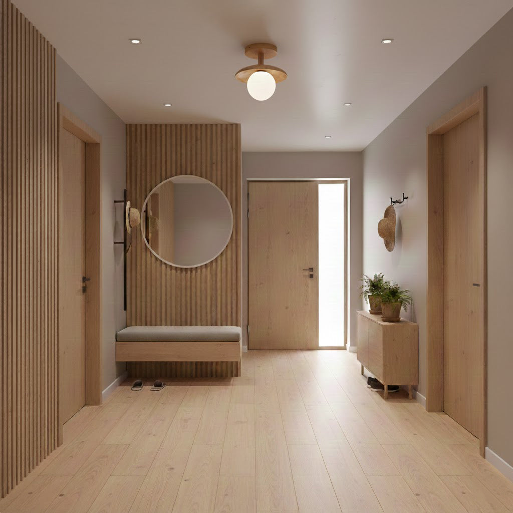 Plafon | Wood Flush Mount Ceiling Light, Low Profile Globe Light Fixture for Hallway and Entryway