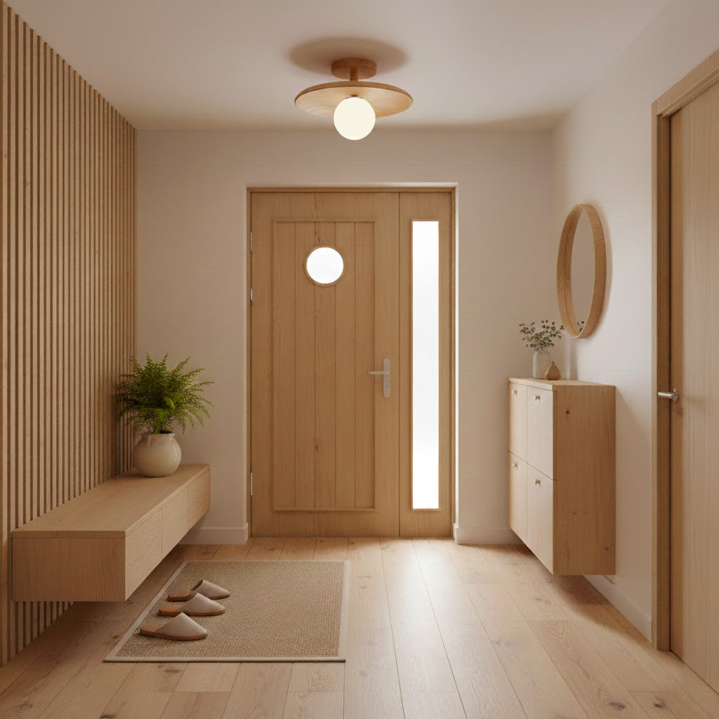 Plafon | Wood Flush Mount Ceiling Light, Low Profile Globe Light Fixture for Hallway and Entryway