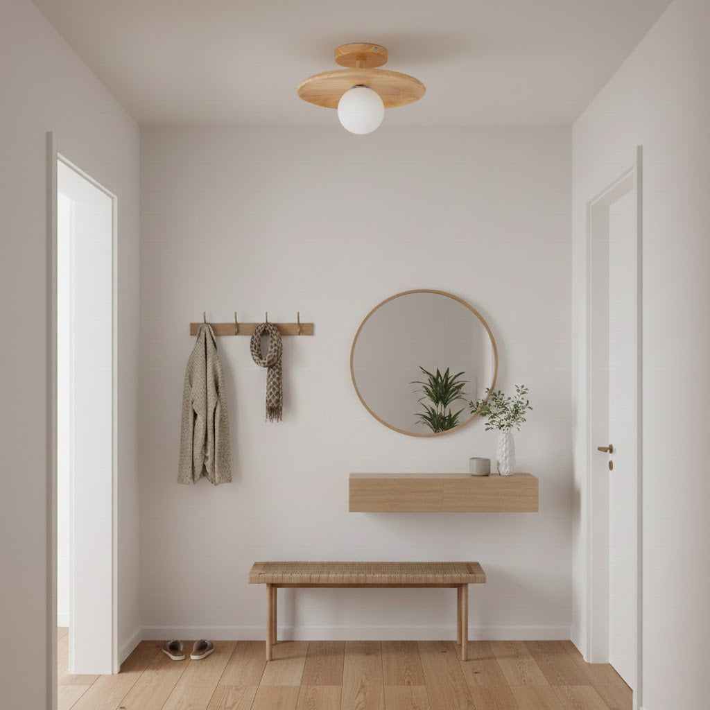 Plafon | Wood Flush Mount Ceiling Light, Low Profile Globe Light Fixture for Hallway and Entryway