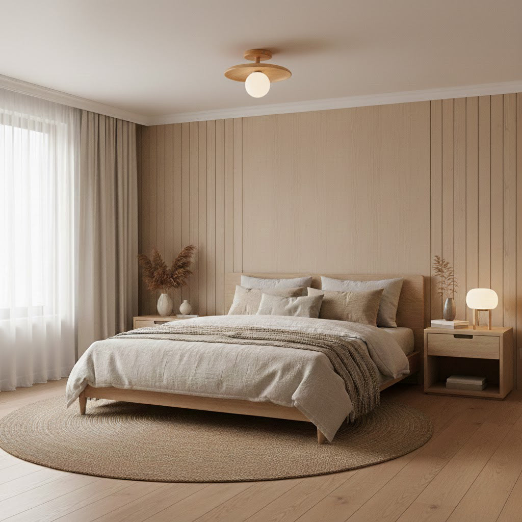 Plafon | Wood Flush Mount Ceiling Light, Low Profile Globe Light Fixture for Hallway and Entryway