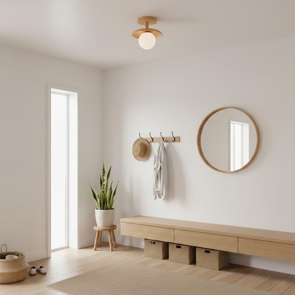 Plafon | Wood Flush Mount Ceiling Light, Low Profile Globe Light Fixture for Hallway and Entryway