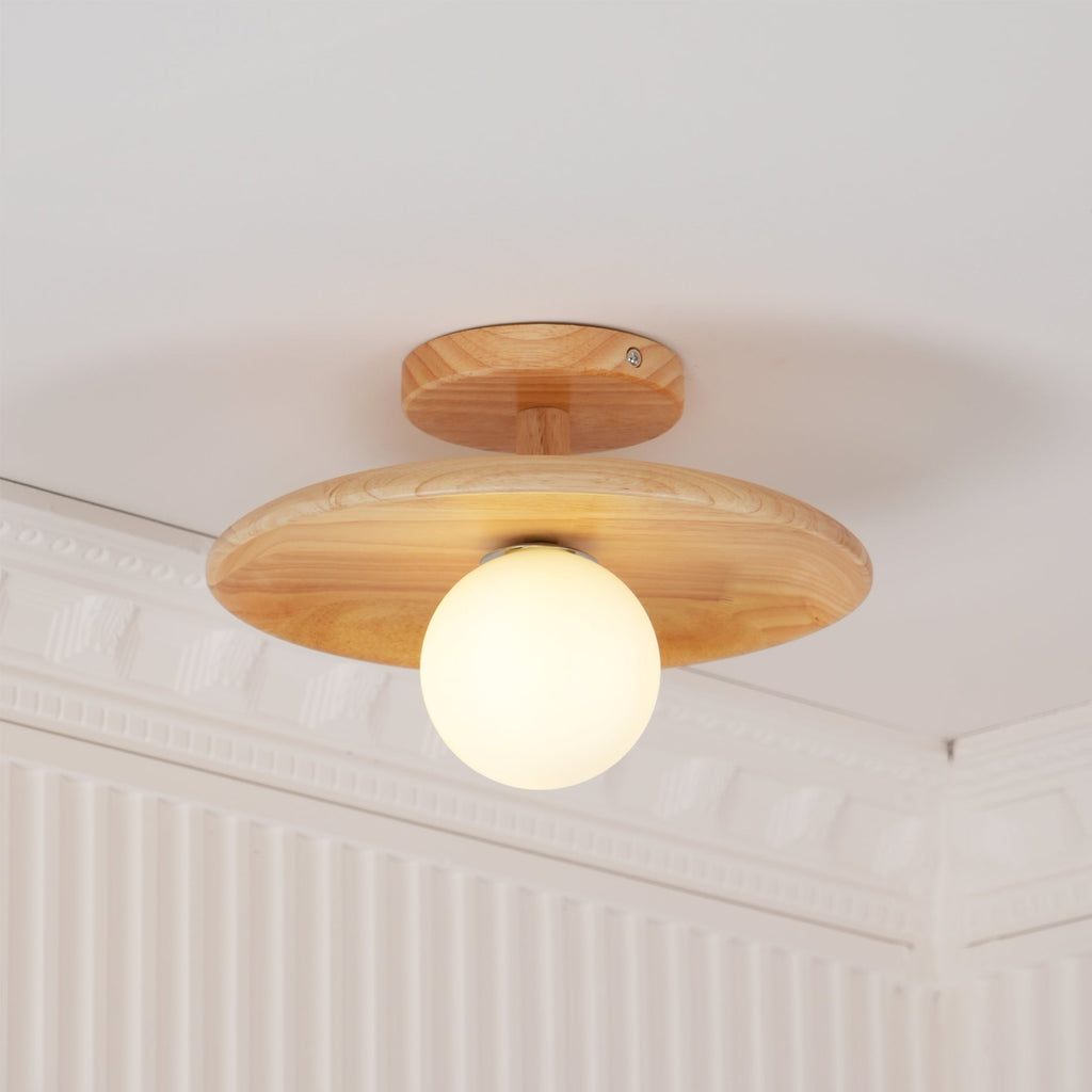 Plafon | Wood Flush Mount Ceiling Light, Low Profile Globe Light Fixture for Hallway and Entryway