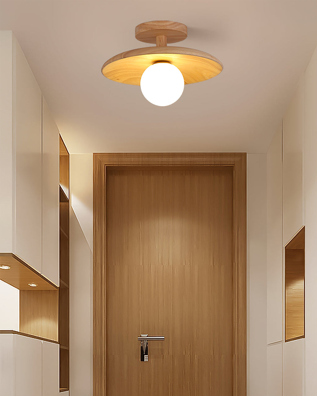 Plafon | Wood Flush Mount Ceiling Light, Low Profile Globe Light Fixture for Hallway and Entryway