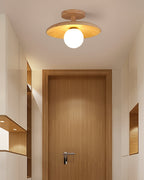 Plafon | Wood Flush Mount Ceiling Light, Low Profile Globe Light Fixture for Hallway and Entryway