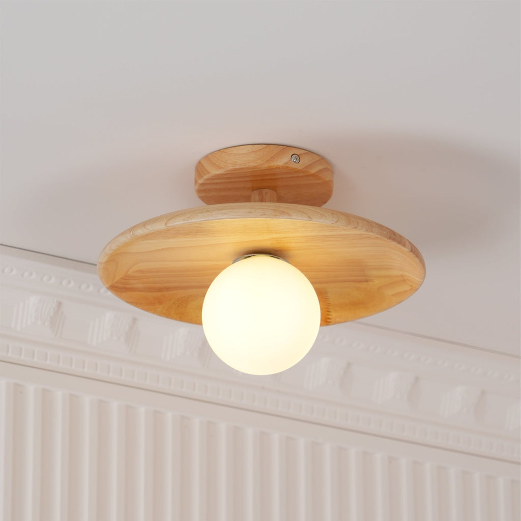 Plafon | Wood Flush Mount Ceiling Light, Low Profile Globe Light Fixture for Hallway and Entryway