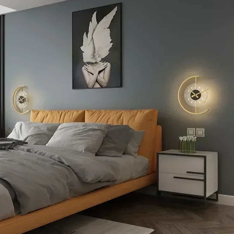 Lunaris | Wall Clock Lamp, Gold Crescent LED Wall Sconce with Clock, Modern Decorative Wall Light