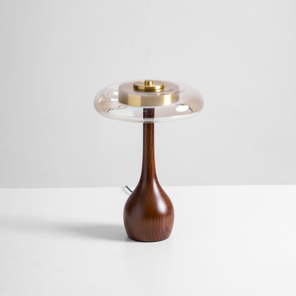 Andi | Glass Mushroom Table Lamp, Walnut Wood Bedside Lamp, 3 Color Plug In Desk Lamp