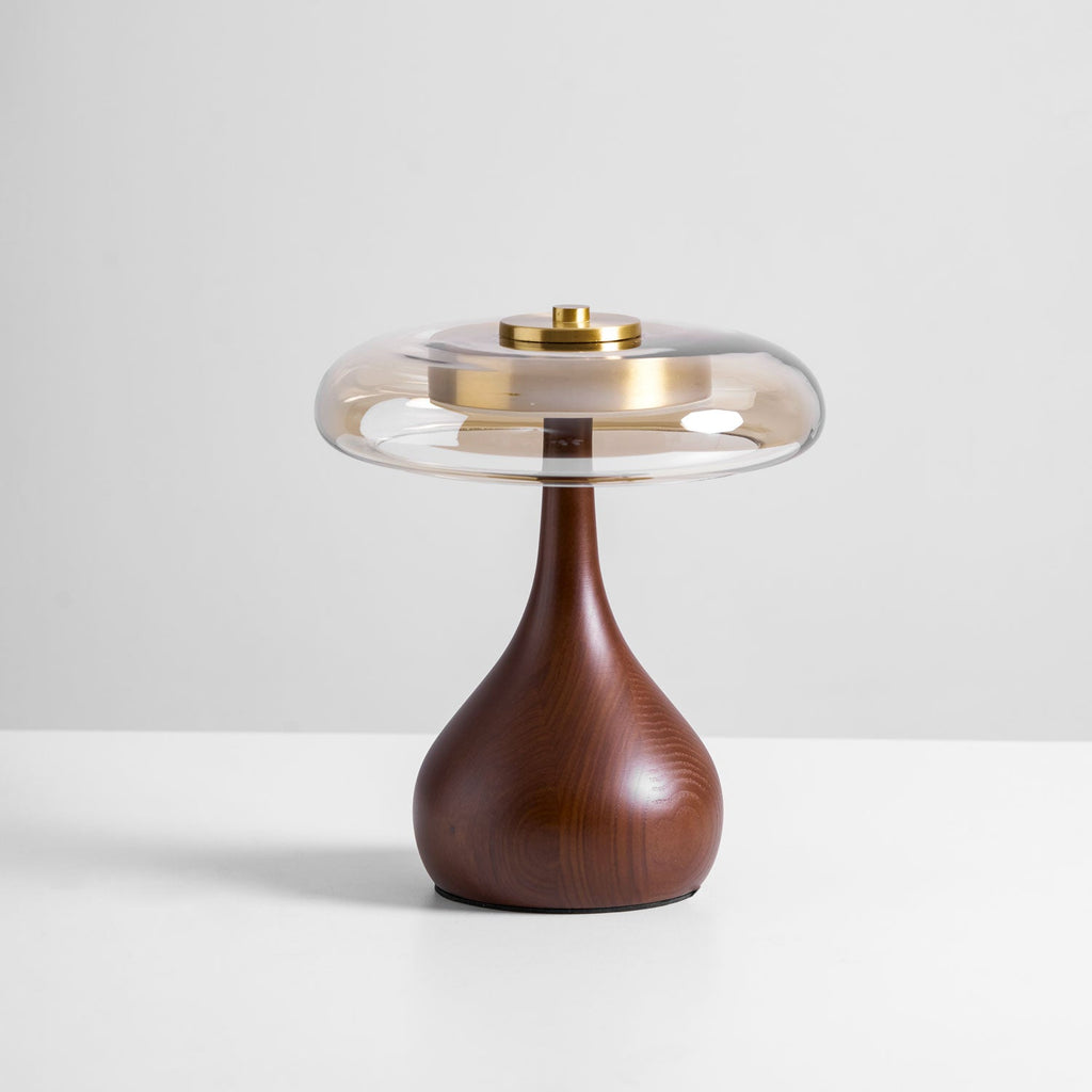 Andi | Glass Mushroom Table Lamp, Walnut Wood Bedside Lamp, 3 Color Plug In Desk Lamp