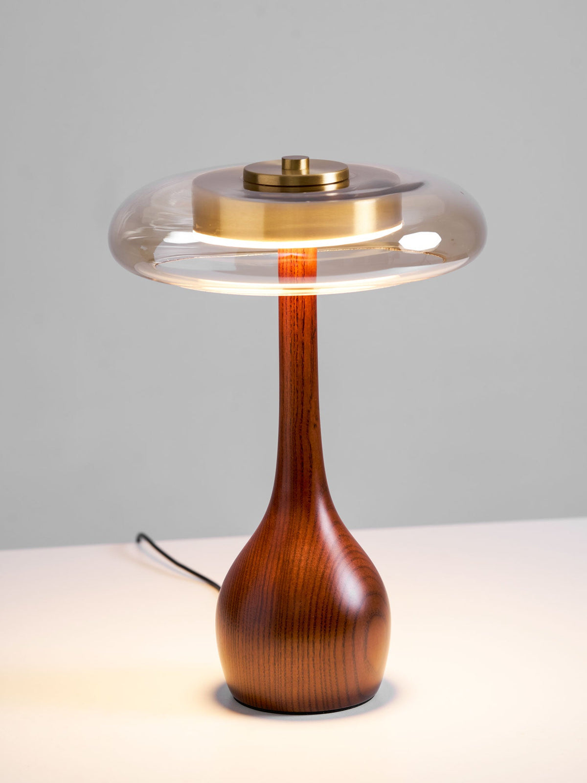 Andi | Glass Mushroom Table Lamp, Walnut Wood Bedside Lamp, 3 Color Plug In Desk Lamp