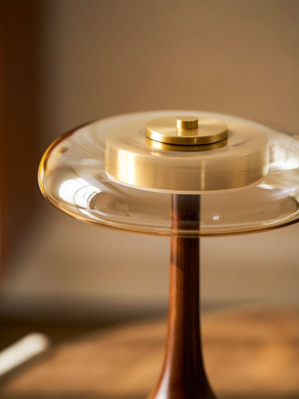 Andi | Glass Mushroom Table Lamp, Walnut Wood Bedside Lamp, 3 Color Plug In Desk Lamp