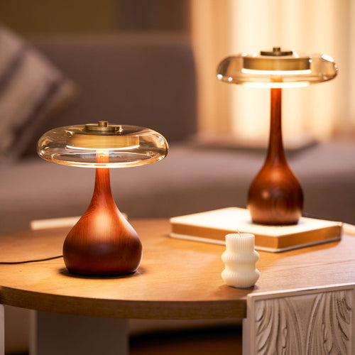Andi | Glass Mushroom Table Lamp, Walnut Wood Bedside Lamp, 3 Color Plug In Desk Lamp