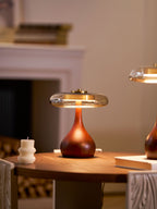Andi | Glass Mushroom Table Lamp, Walnut Wood Bedside Lamp, 3 Color Plug In Desk Lamp