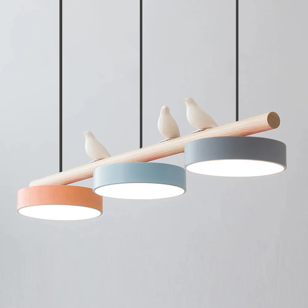 Sienna Bird | Linear Pendant Light with Birds, Wood LED Kitchen Island Chandelier, Dimmable Options