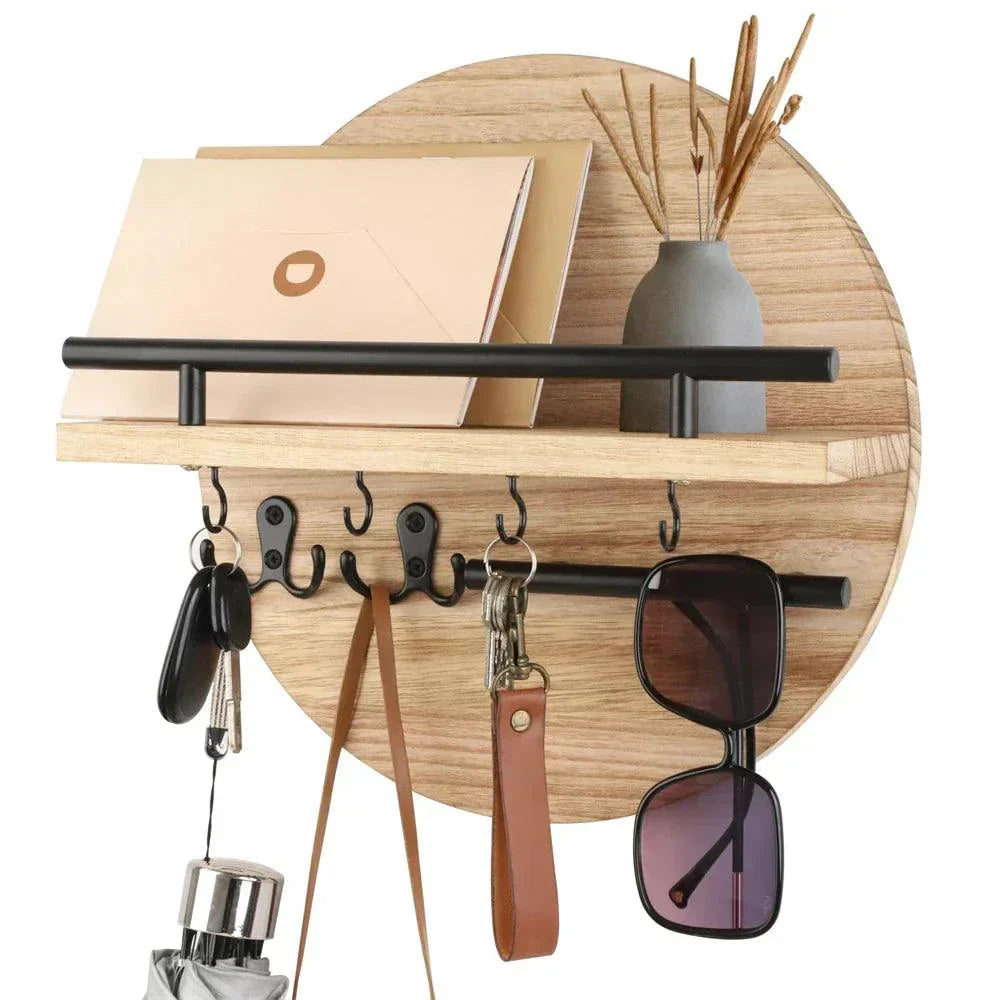 Hoop | Round Key Holder for Wall with Shelf, Wooden Entryway Organizer with Hooks, Modern Key Rack