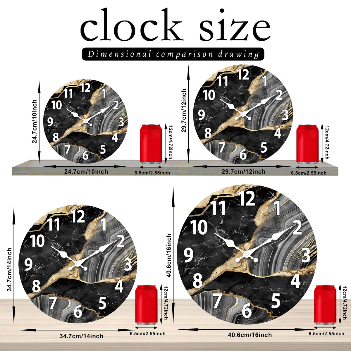 Marbella | Marble Wall Clock, Modern Black and Gold Silent Clock, Round Decorative Clock for Living Room