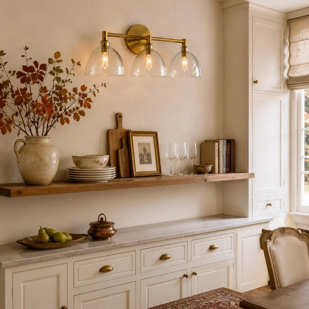 Xeno | Glass Wall Sconce, Antique Brass Bathroom Vanity Light, 1 to 3 Light Farmhouse Wall Light