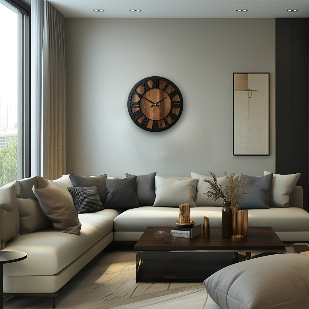 Heritage | Large Wooden Wall Clock, Roman Numeral Silent Clock, Rustic Farmhouse Clock for Living Room