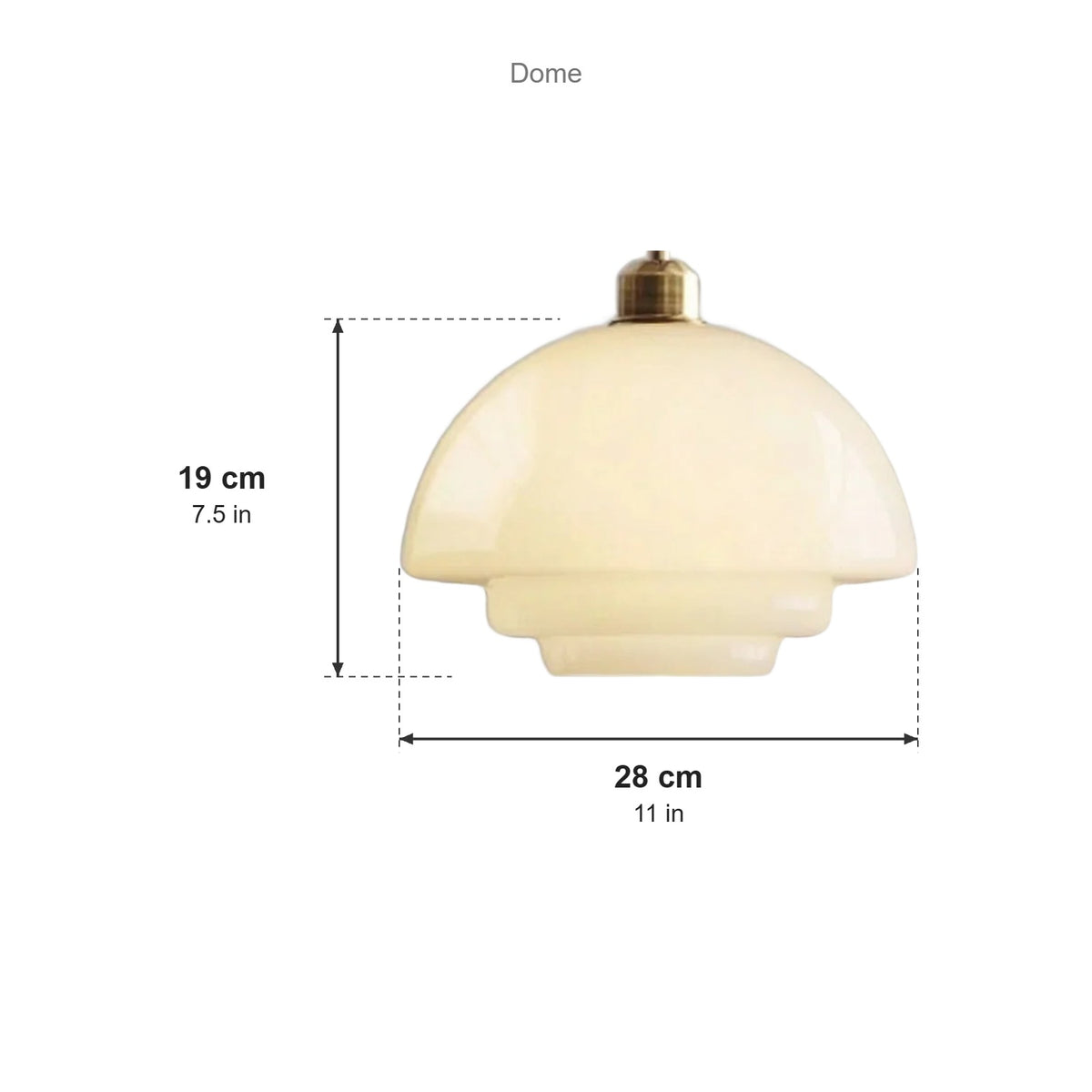 Alba Dome glass pendant dimensions: 28 cm (11 in) wide, 19 cm (7.5 in) tall