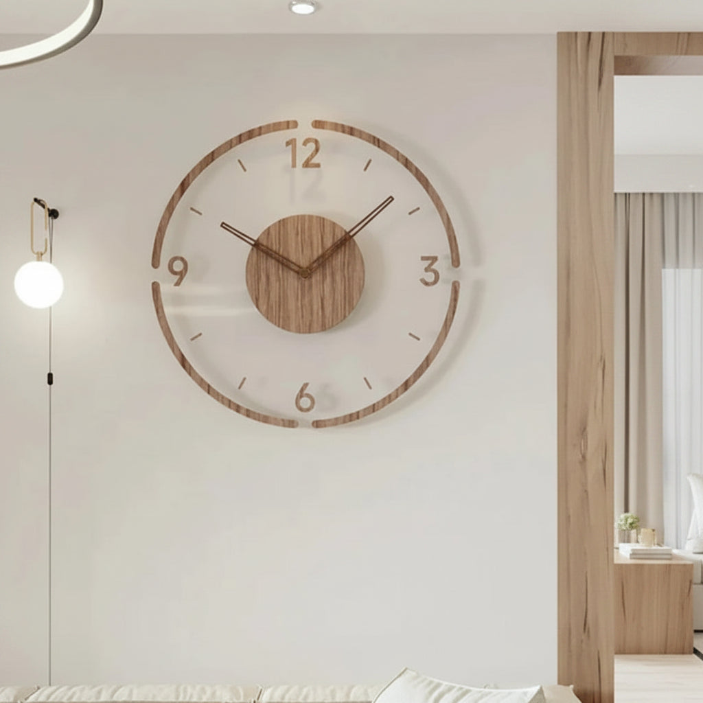 Arden | Modern Wooden Wall Clock, Clear Acrylic Silent Clock, Minimalist Analog Clock for Living Room