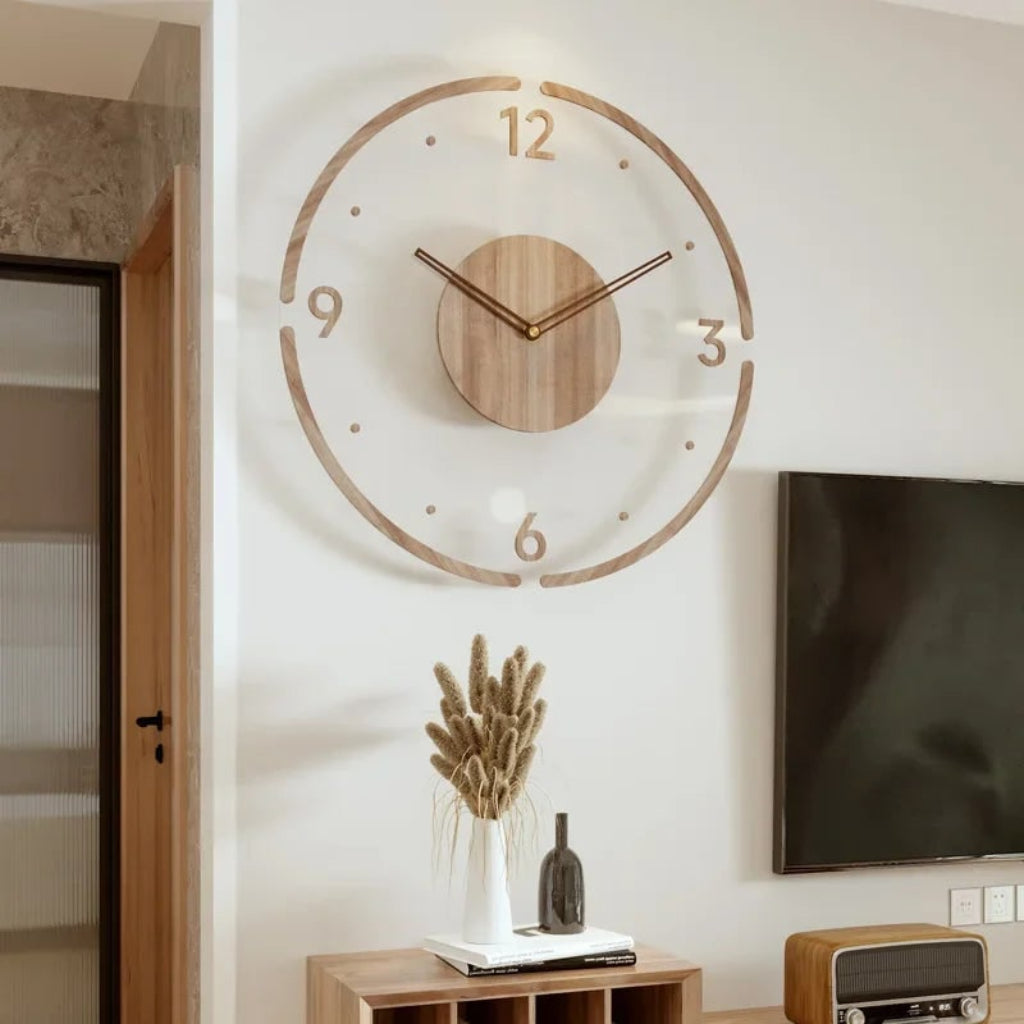Arden | Modern Wooden Wall Clock, Clear Acrylic Silent Clock, Minimalist Analog Clock for Living Room