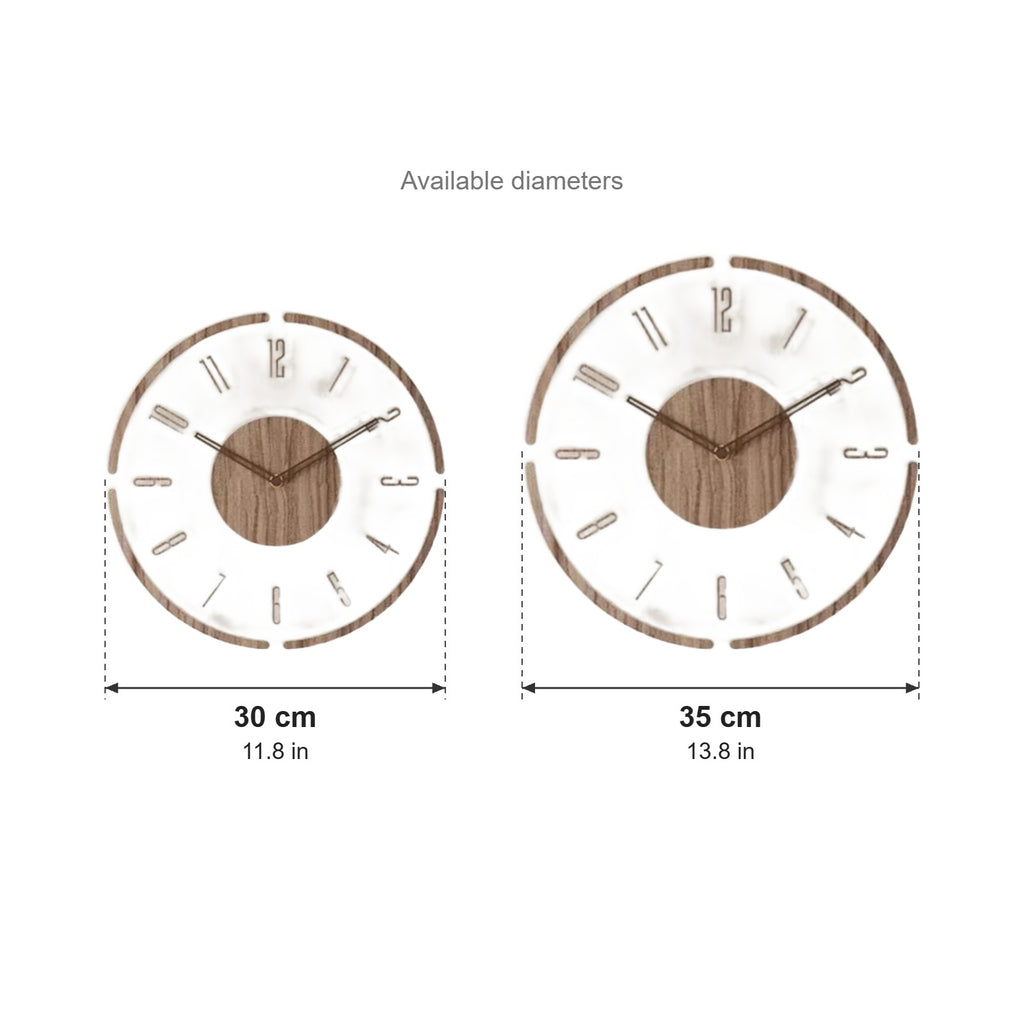 Arden wooden acrylic wall clock sizes: 30 cm (11.8 in) or 35 cm (13.8 in) diameter