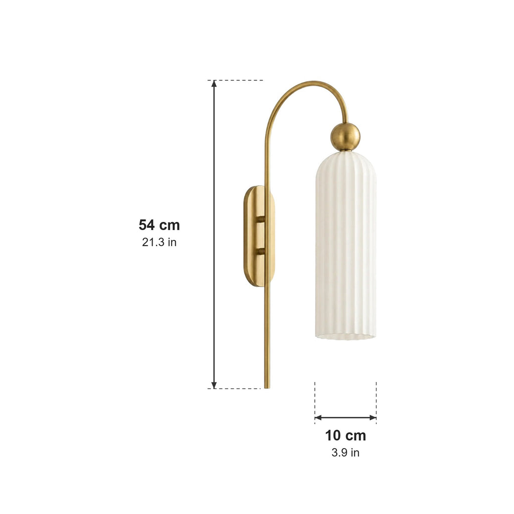 Azura ribbed glass wall sconce dimensions: 54 cm (21.3 in) tall, shade 10 cm (3.9 in) wide