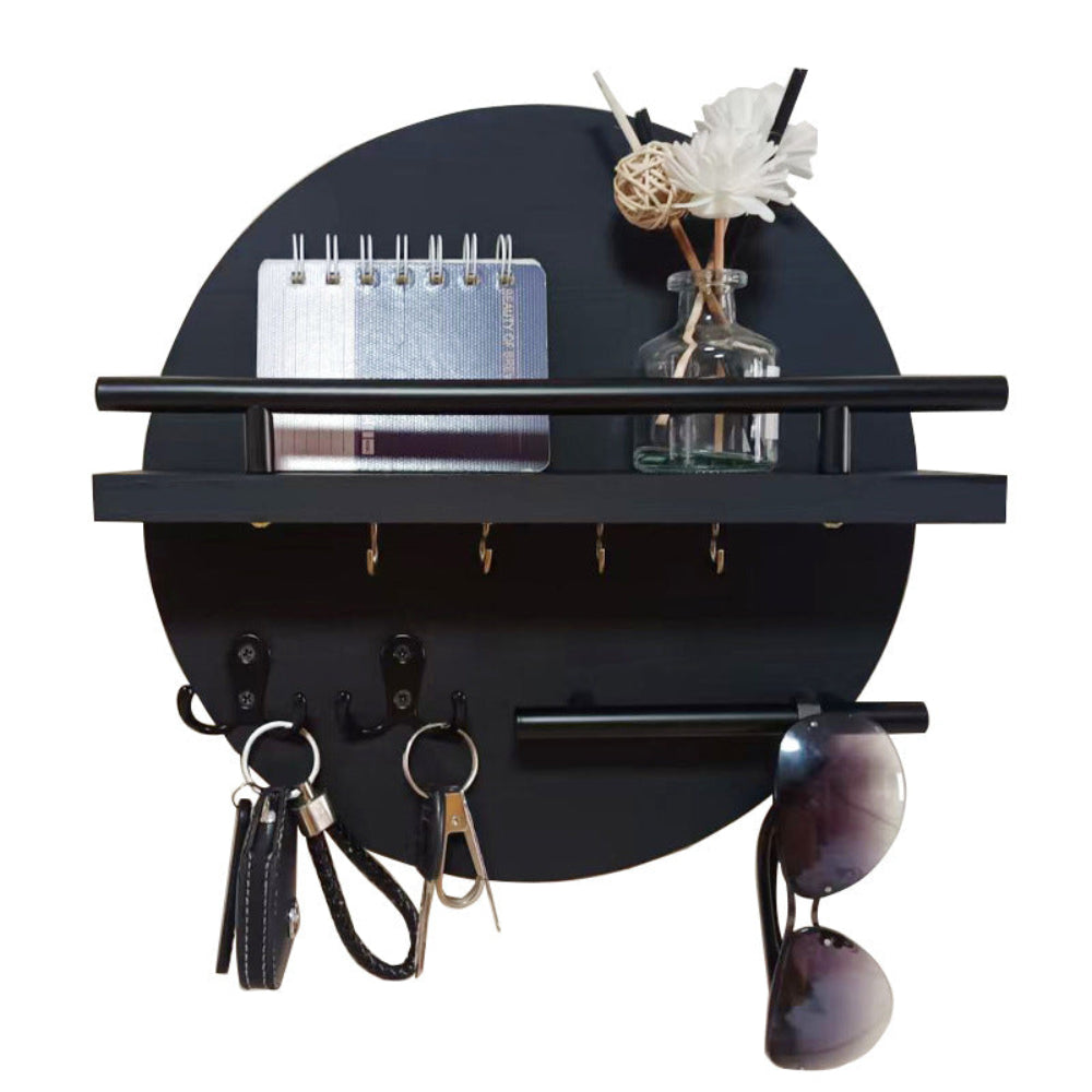 Hoop | Round Key Holder for Wall with Shelf, Wooden Entryway Organizer with Hooks, Modern Key Rack