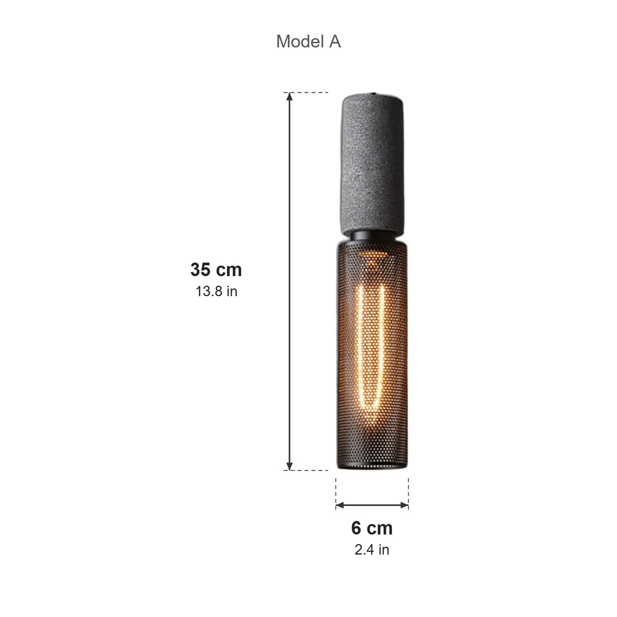Concrete pendant light Model A dimensions, 35cm tall and 6cm wide
