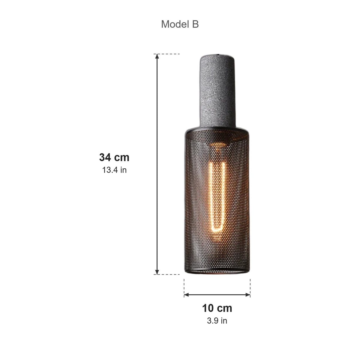 Concrete pendant light Model B dimensions, 34cm tall and 10cm wide
